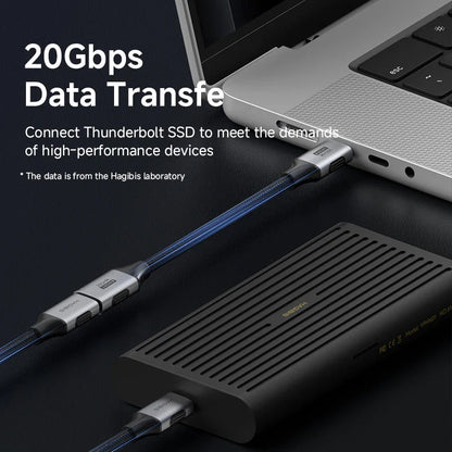 Laptop connected to a Thunderbolt SSD with text highlighting data transfer speed on a dark background.