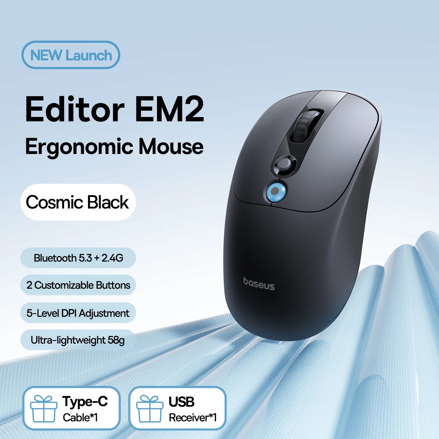 Bose Editor EM2 ergonomic mouse with features listed on a light blue background