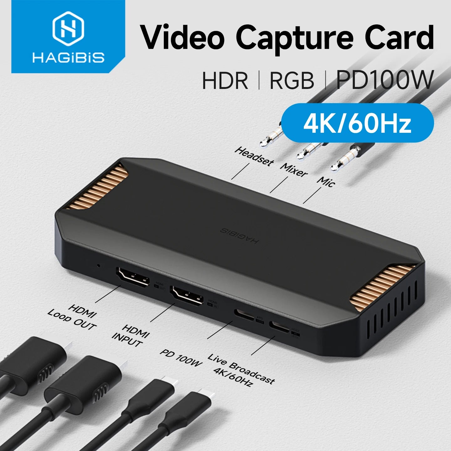 Video capture card with cables on a light gray background, featuring the Hagibis brand.