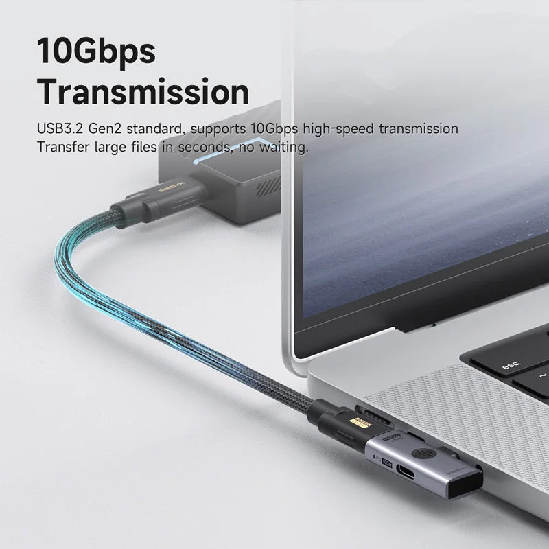 USB3.2 Gen2 cable connected to a laptop with text about 10Gbps transmission.
