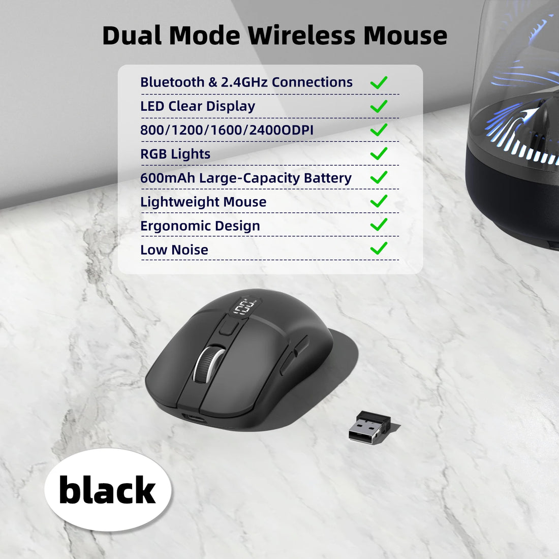 Black wireless mouse with USB receiver on a marble surface, featuring dual mode connectivity and RGB lights.