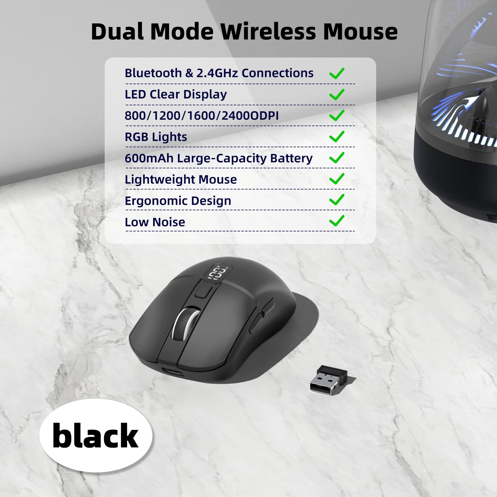 Black wireless mouse with USB receiver on a marble surface, featuring dual mode connectivity and RGB lights.