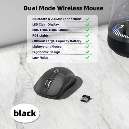 Black wireless mouse with USB receiver on a marble surface, featuring dual mode connectivity and RGB lights.
