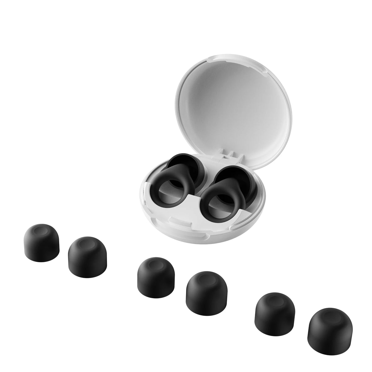 Black earbud tips with a white case on a white background