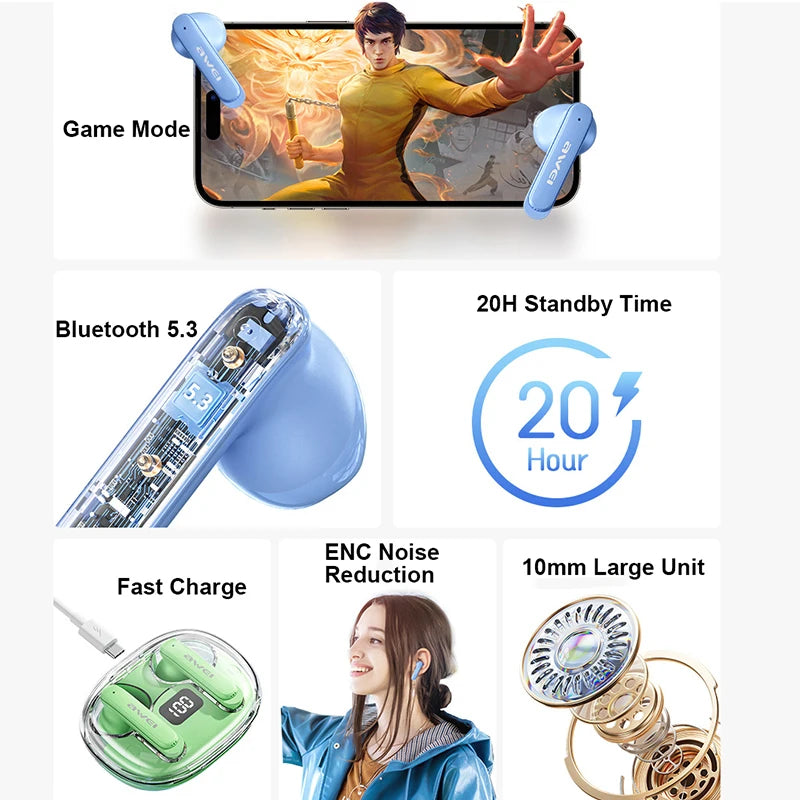 In-ear headphones with features highlighted on a white background