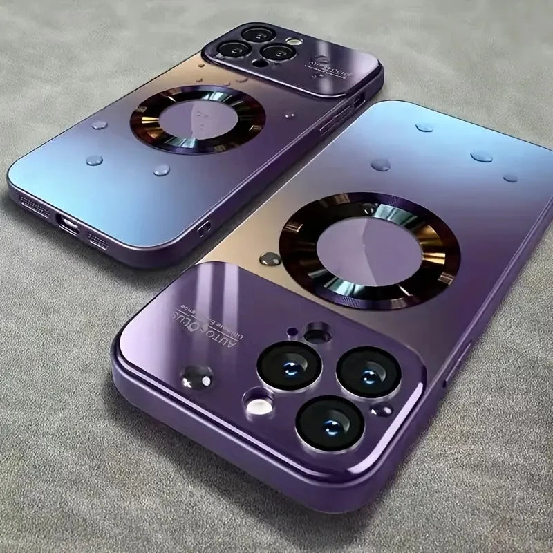 Two purple smartphones with a gradient effect on a gray surface