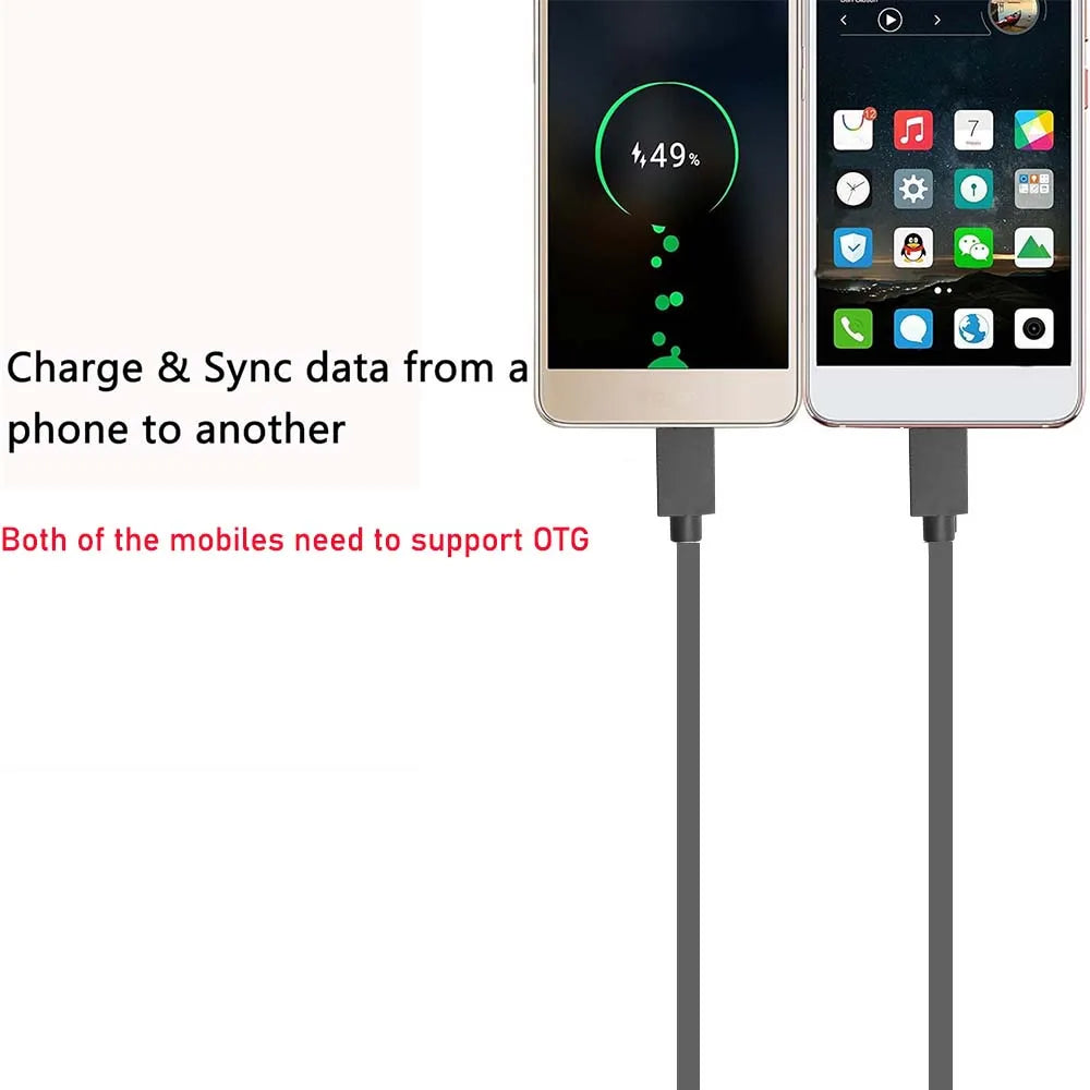 Two smartphones connected by a cable with text explaining OTG functionality.