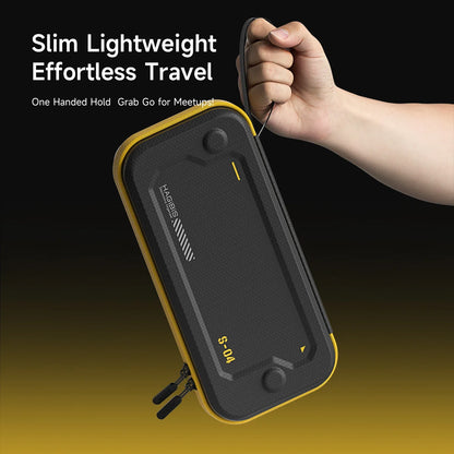 Black and yellow power bank held by a hand with text 'Slim Lightweight Effortless Travel' on a gradient background.