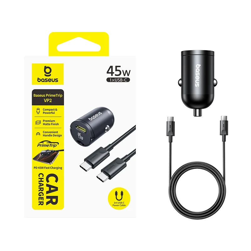 Baseus car charger set with packaging on a white background