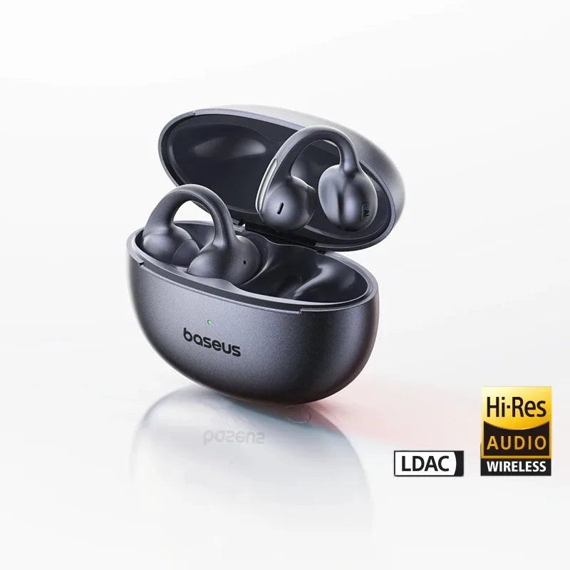 Bose wireless earbuds in charging case with 'baseus' branding on a white background