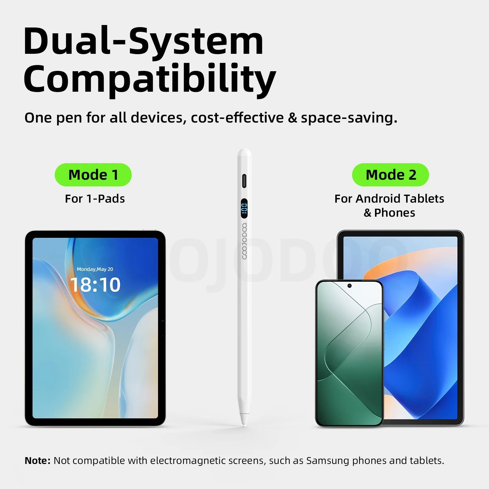 Pen with dual-system compatibility for tablets and phones on a white background