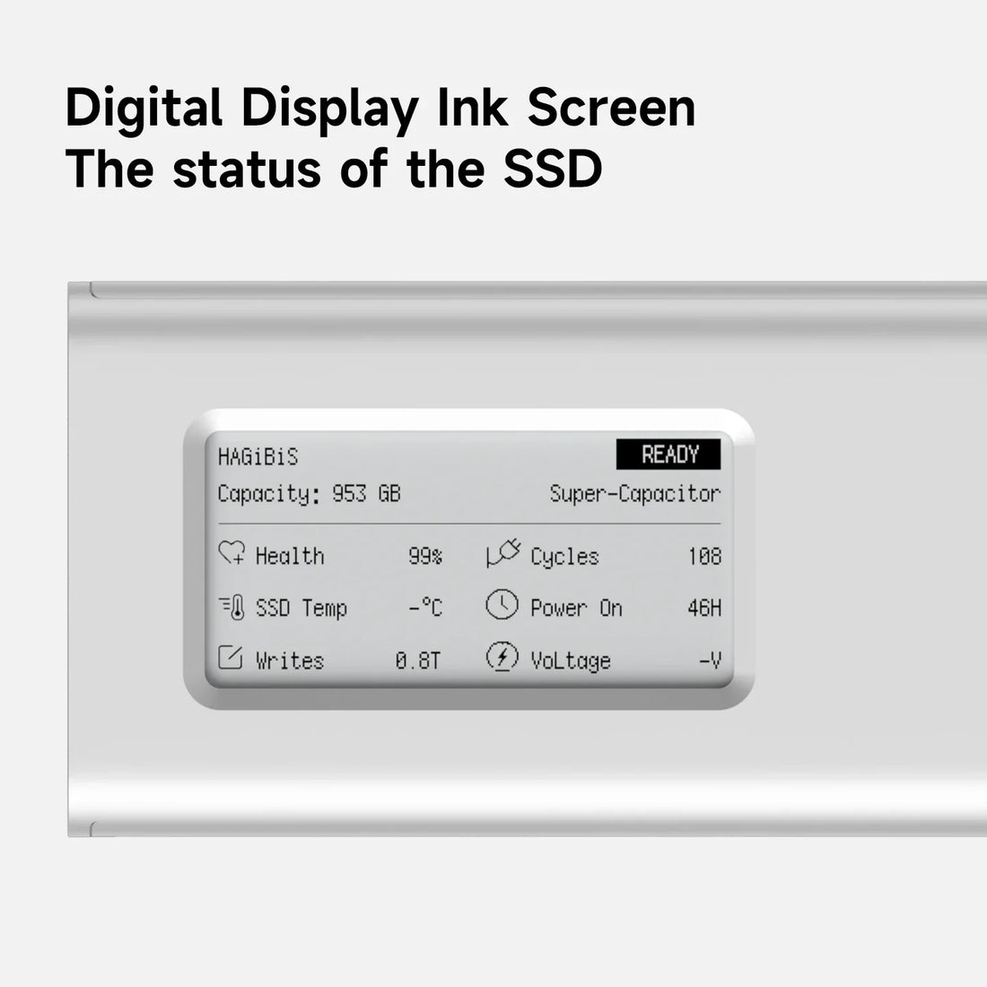 Digital display ink screen showing the status of an SSD with text 'Digital Display Ink Screen The status of the SSD'.
