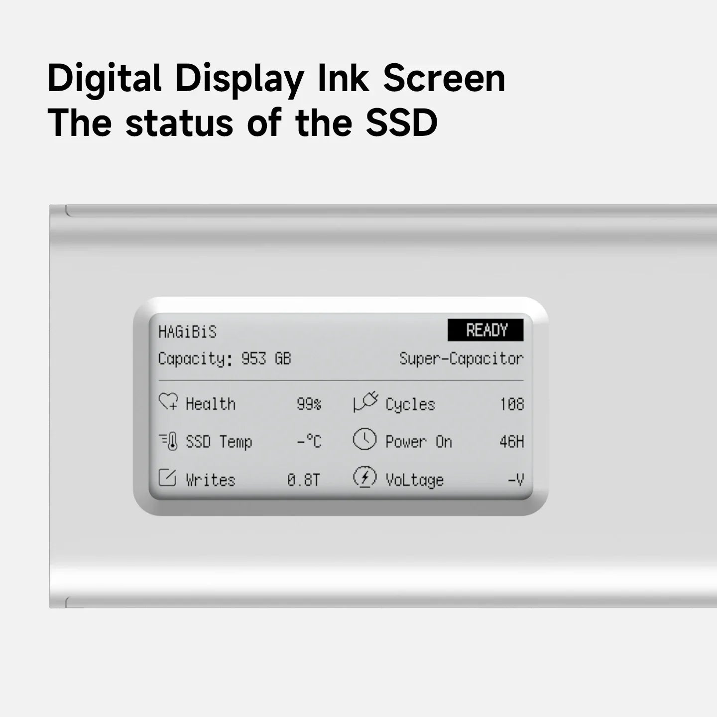 Digital display ink screen showing the status of an SSD with text 'Digital Display Ink Screen The status of the SSD'.