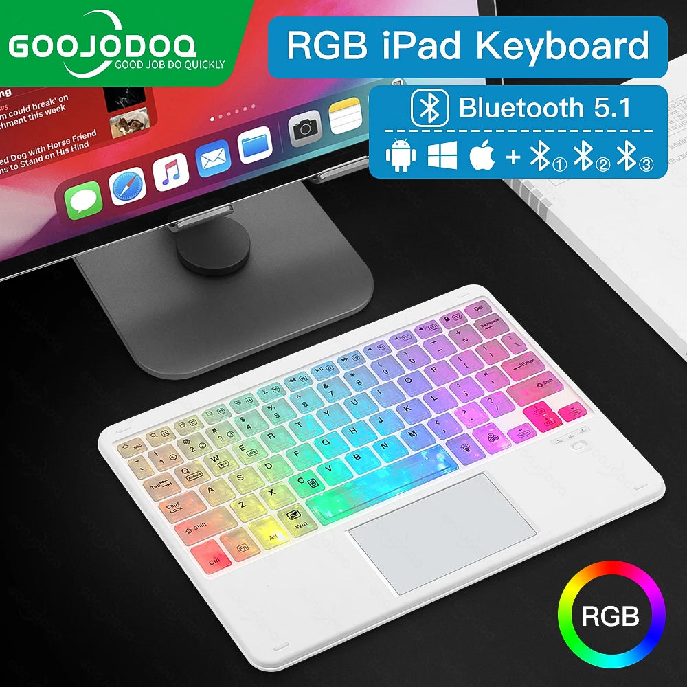 RGB iPad keyboard with colorful keys on a desk setup, featuring Goojodoq branding.