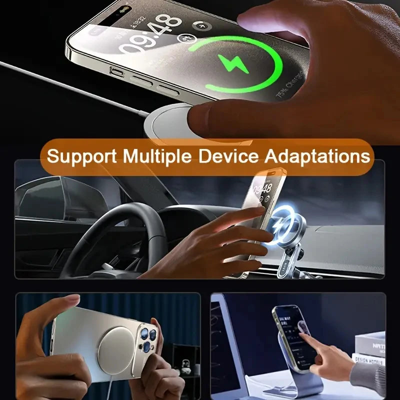 Collage of a phone being charged with text 'Support Multiple Device Adaptations' and images of devices in use.