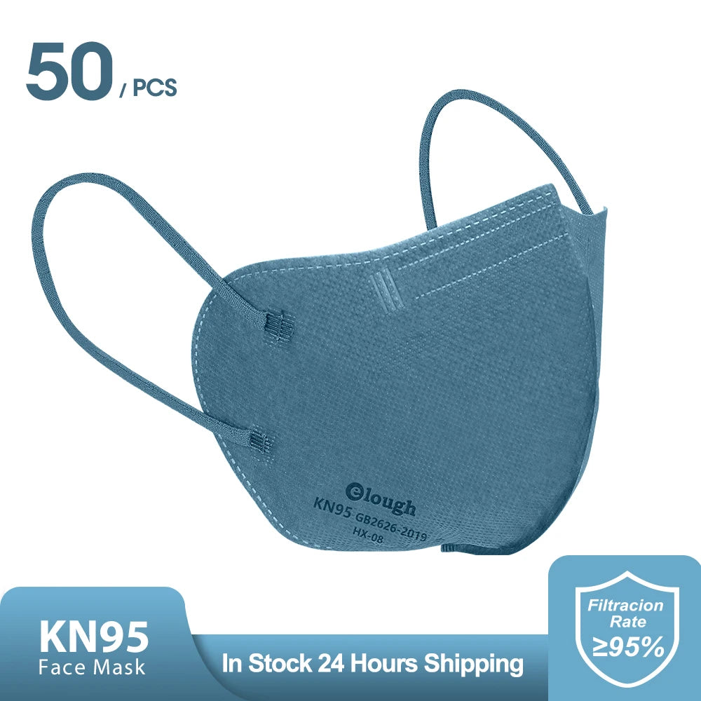 Blue KN95 face mask with packaging on a white background