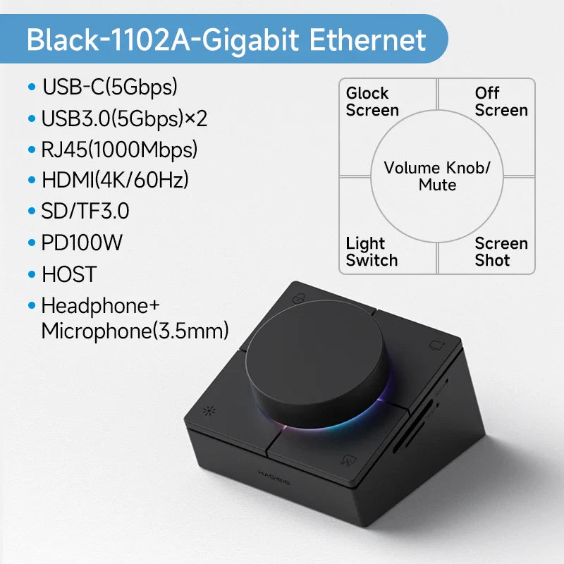 Black electronic device with features listed on a white background