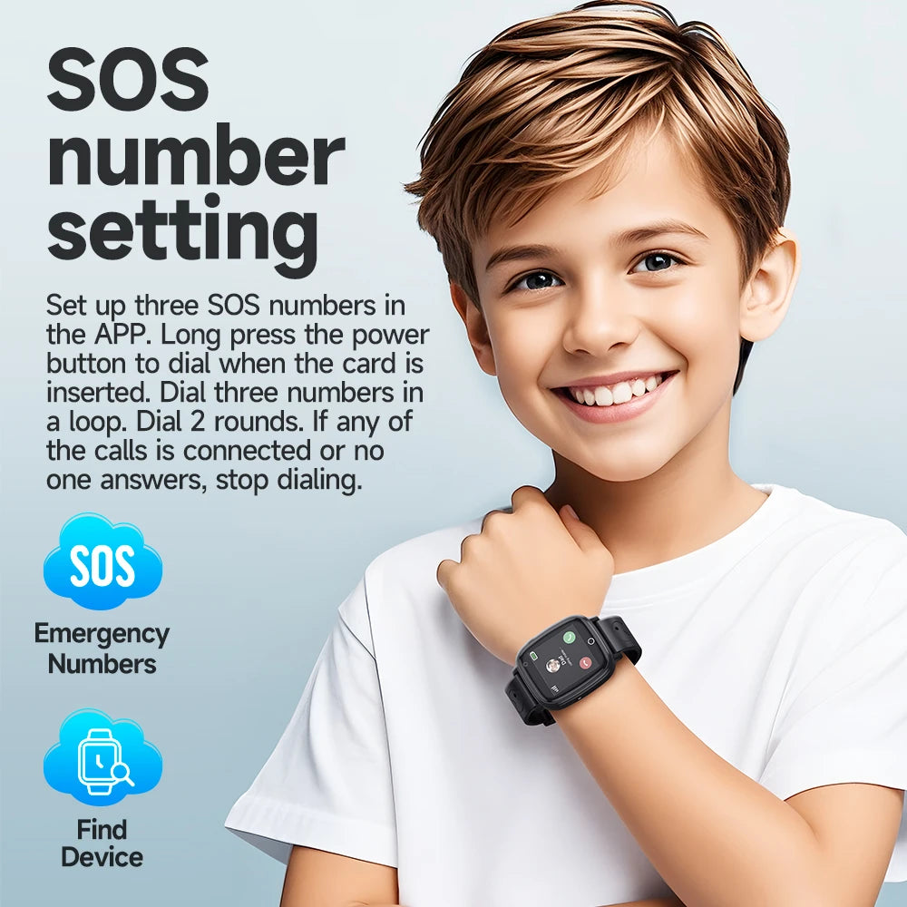 Child wearing a smartwatch with text about setting an SOS number on a light blue background