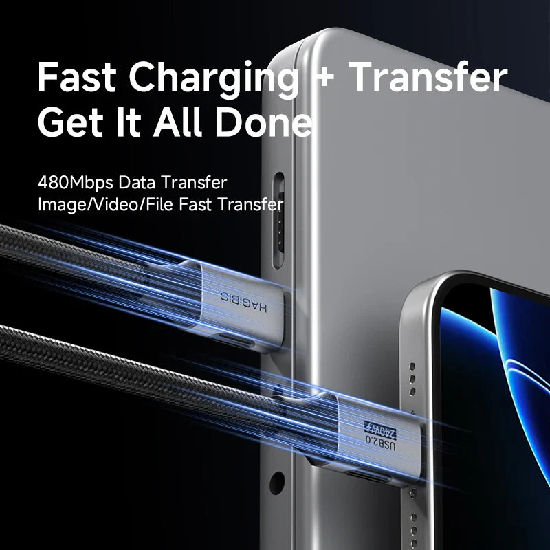 Phone case with cable and text about fast charging and data transfer