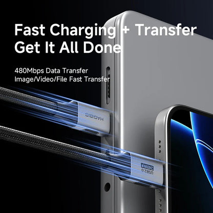 Phone case with cable and text about fast charging and data transfer