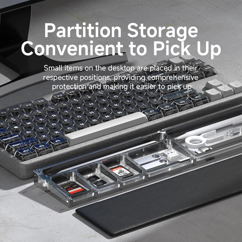 Keyboard with partition storage for small items on a desk