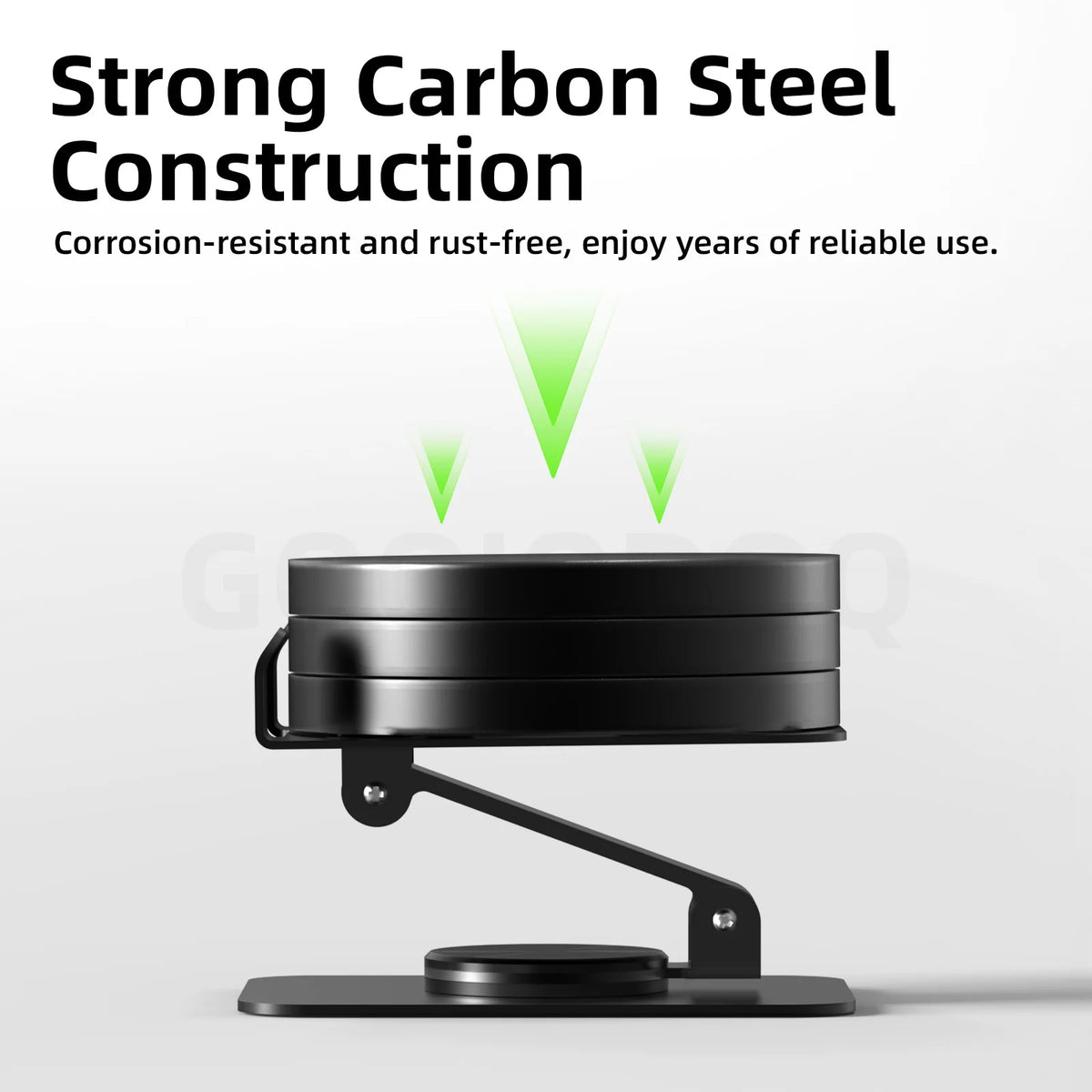Black metal stand with text about strong carbon steel construction on a white background