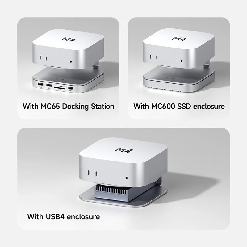Three views of a device labeled 'M4' with different enclosures on a gray background.