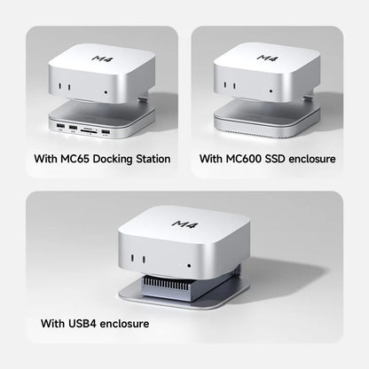 Three views of a device labeled 'M4' with different enclosures on a gray background.