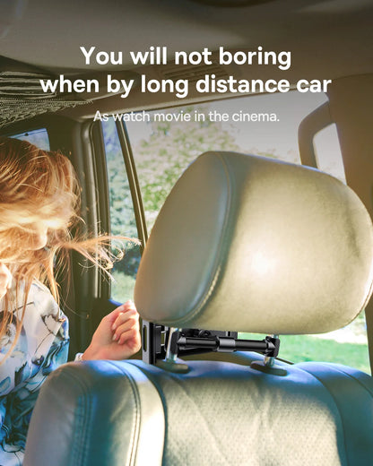 Person sitting in a car with a mounted device, likely for entertainment, with text suggesting it's better than watching movies in the cinema.
