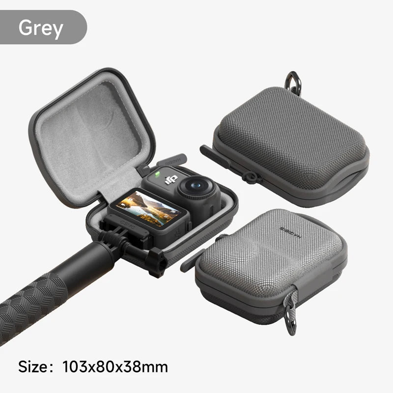 Gray camera case with a camera and accessories on a white background