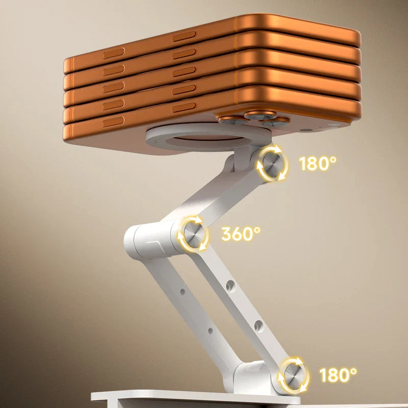 Flexible display stand with adjustable arm on a beige background