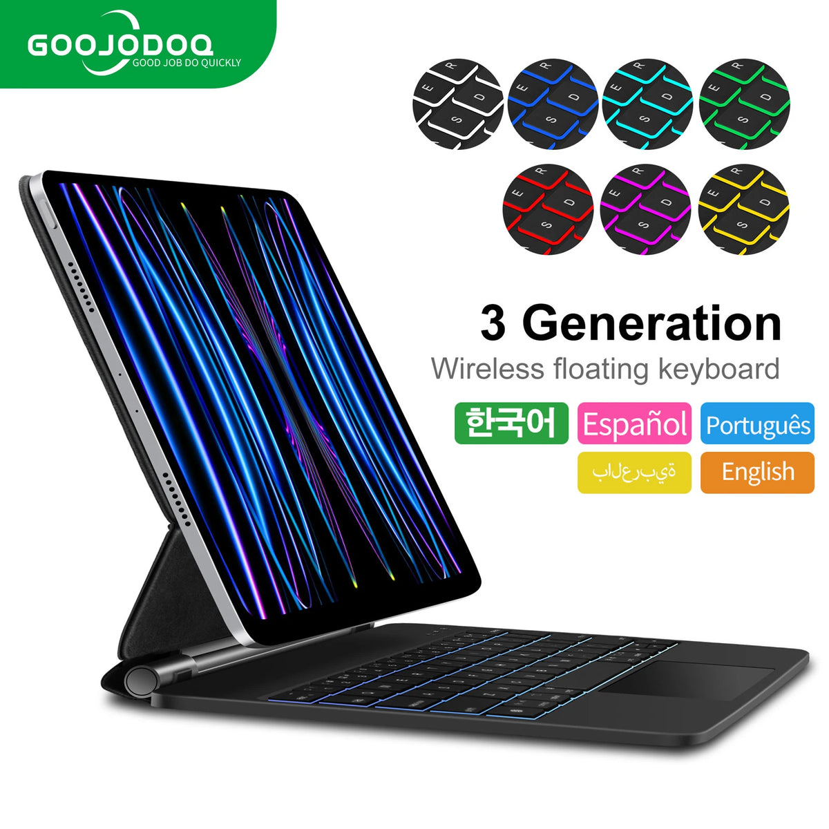 The image shows a wireless floating keyboard for iPads with a LED screen display and multiple language options highlighted. The keyboard appears to attach magnetically to an iPad and has a cantilever design for adjustable viewing angles.