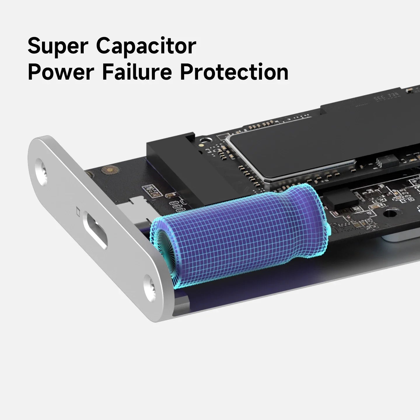 Super capacitor power failure protection component on a white background