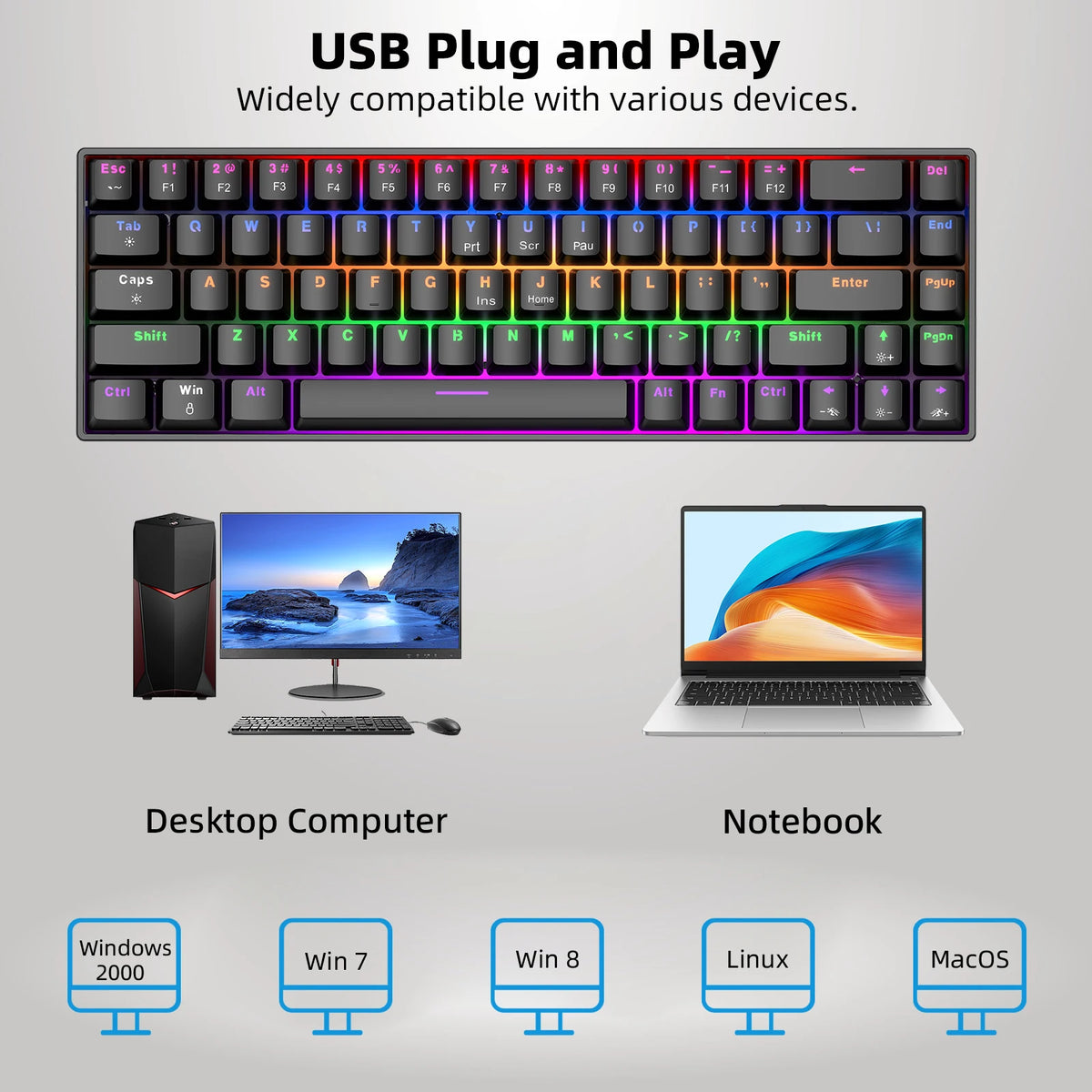 Keyboard with RGB lighting on a gray background, compatible with desktop computers and notebooks.