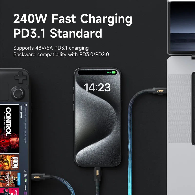 Smartphone with charging cable on a dark background, featuring text about fast charging capabilities.