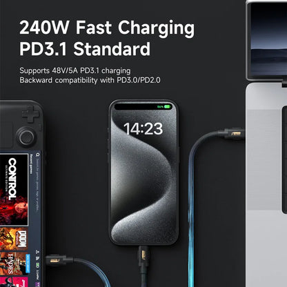Smartphone with charging cable on a dark background, featuring text about fast charging capabilities.
