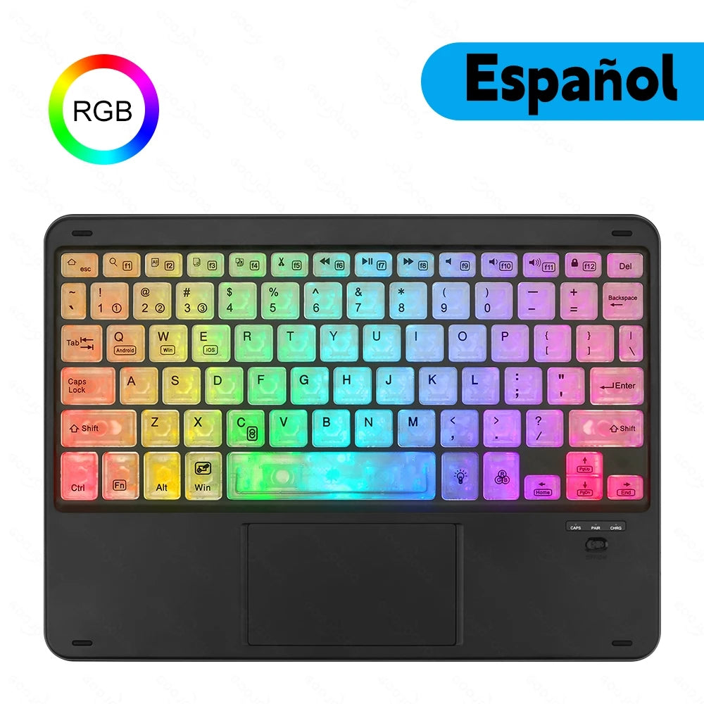 Keyboard with RGB lighting and Spanish text on a white background