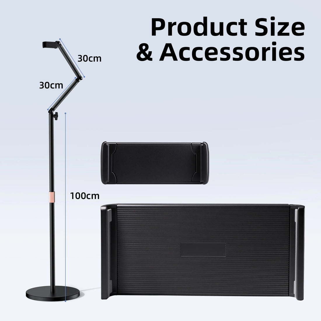 Black adjustable stand with dimensions labeled, a phone holder, and a large black box on a light gray background.