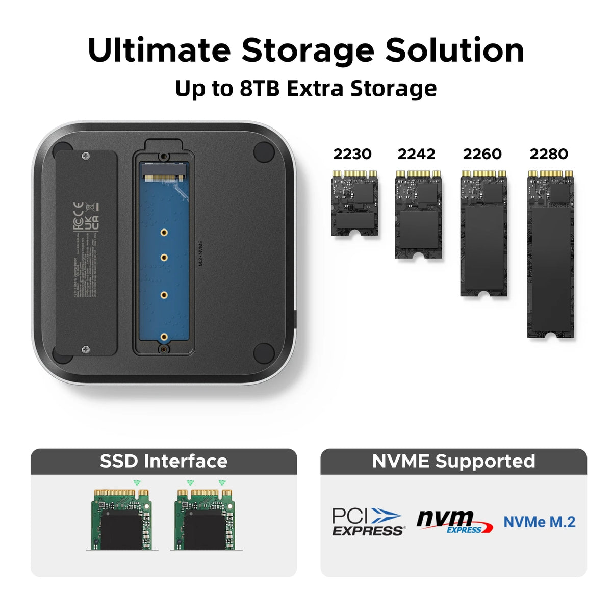 Storage solution with SSD interface and NVMe support on a white background