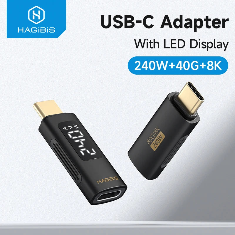 USB-C adapter with LED display by HAGIBIS on a light gray background