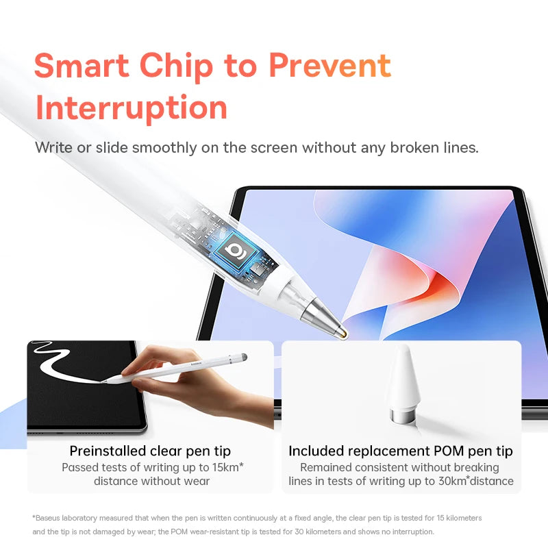 Smart pen with screen on a white background, featuring text about its features.