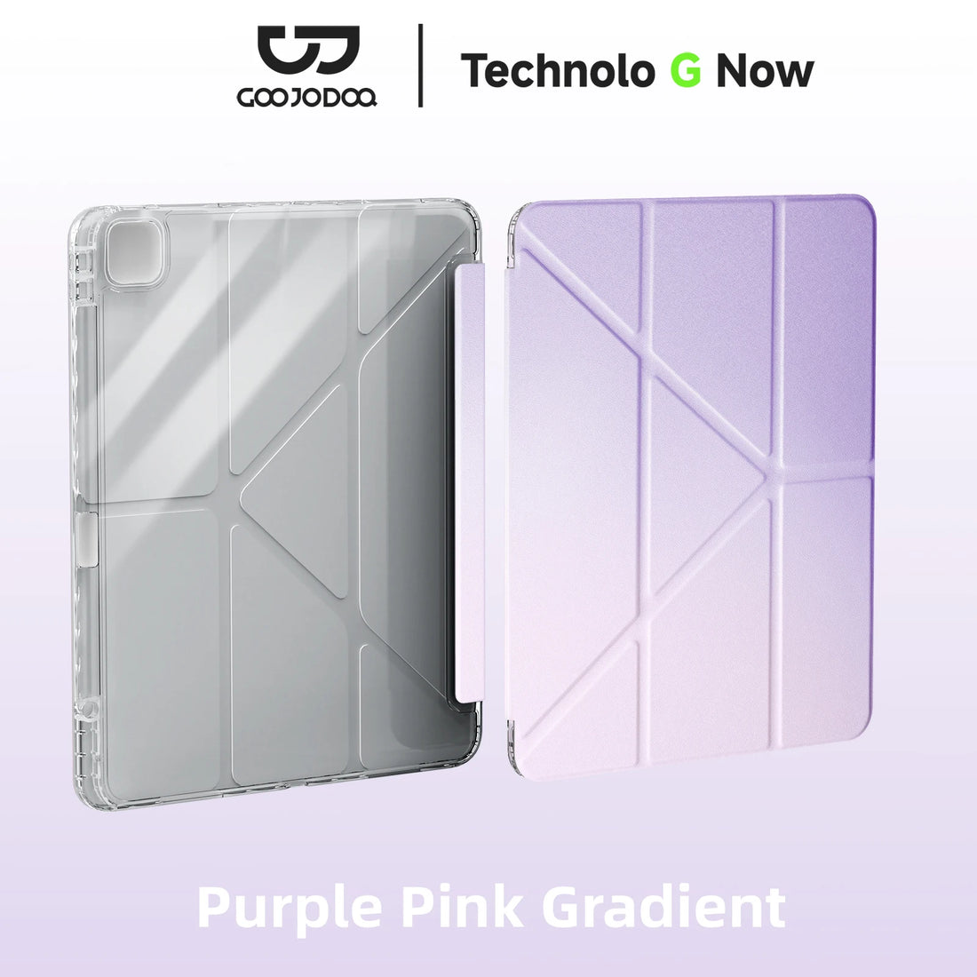 Purple pink gradient phone case with clear back on a light purple background, featuring Coogooda and Technolo G Now branding.