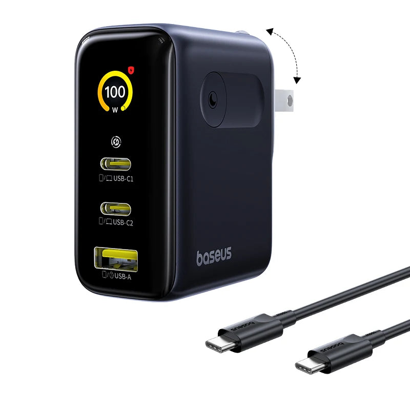Black charging adapter with digital display and USB cables on a white background