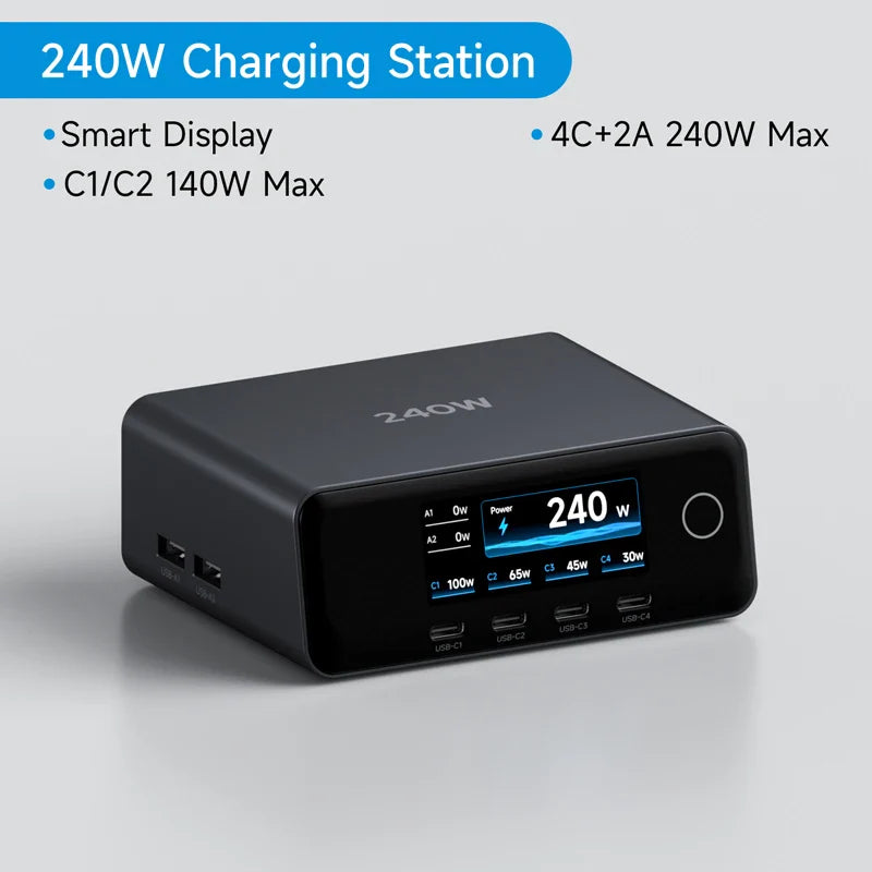 240W charging station with digital display on a gray background