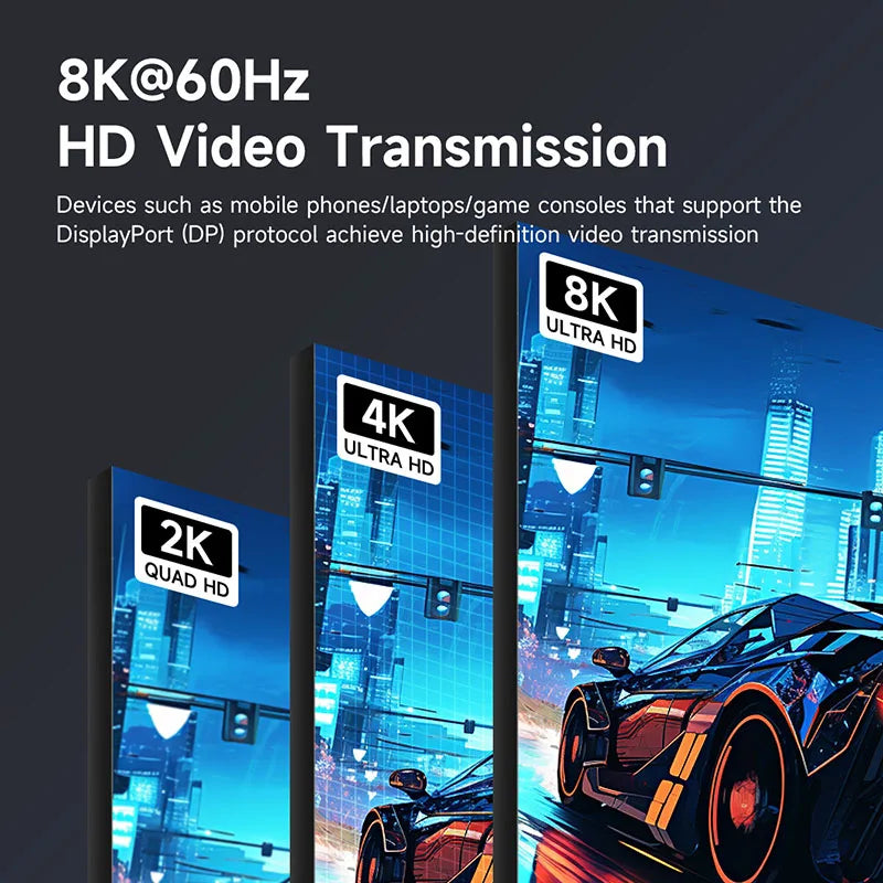 Display of high-definition video transmission with car and cityscape.