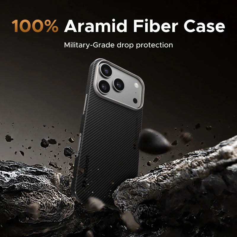 Phone case made of aramid fiber with military-grade drop protection on a rugged background