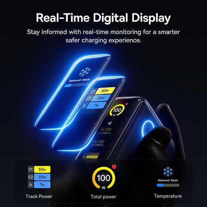 Real-time digital display of a charging device with monitoring features on a dark background.