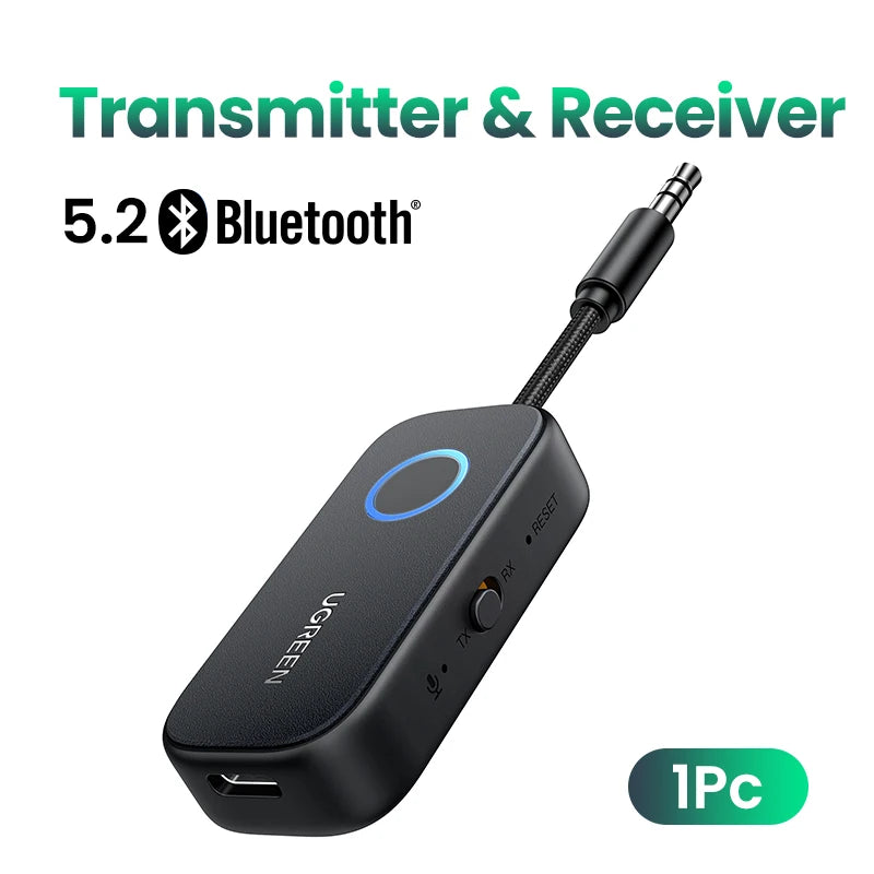 Bluetooth transmitter and receiver with UGREEN branding on a white background