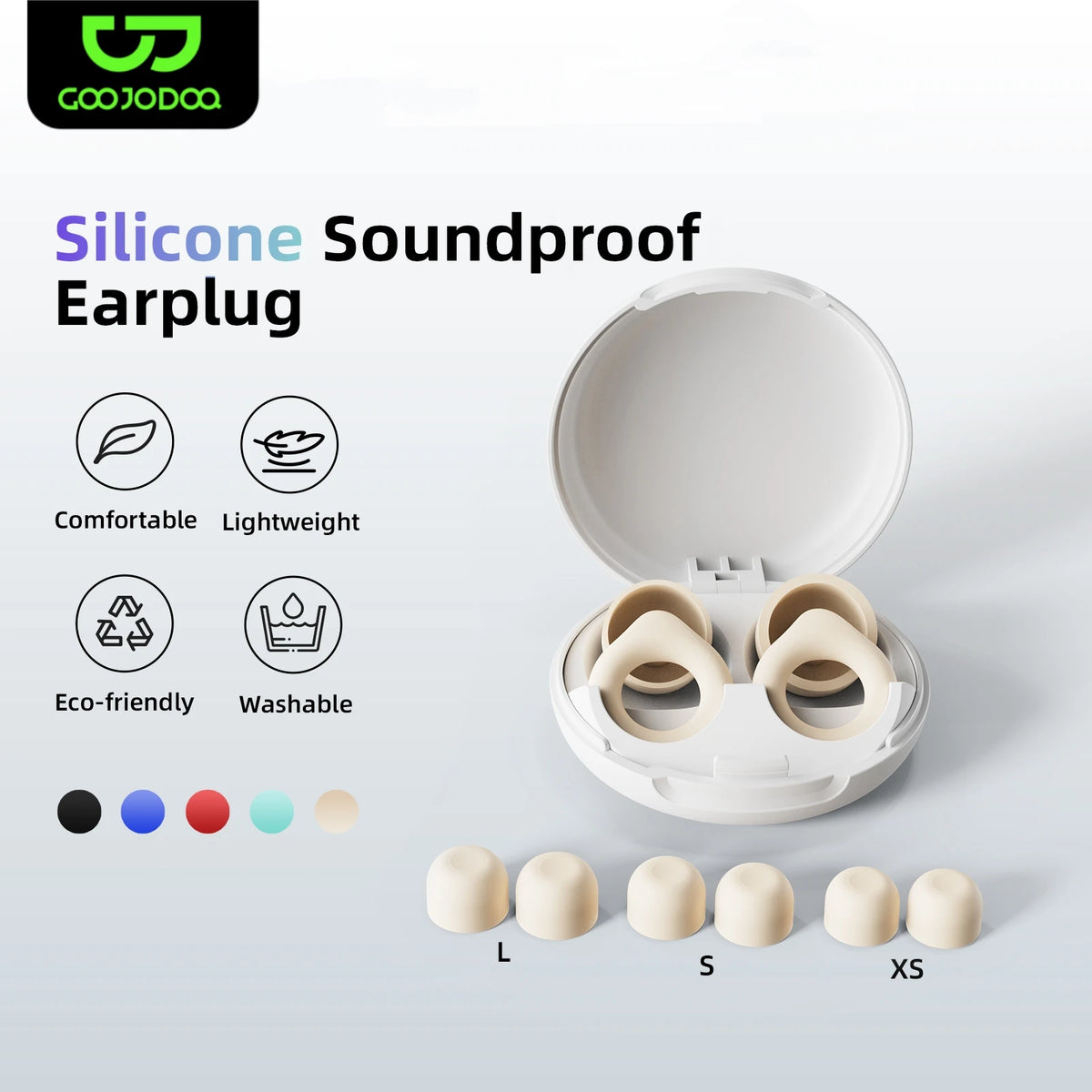 Silicone soundproof earplugs with case and size options on a white background, featuring the brand 'GOOJODOO'.