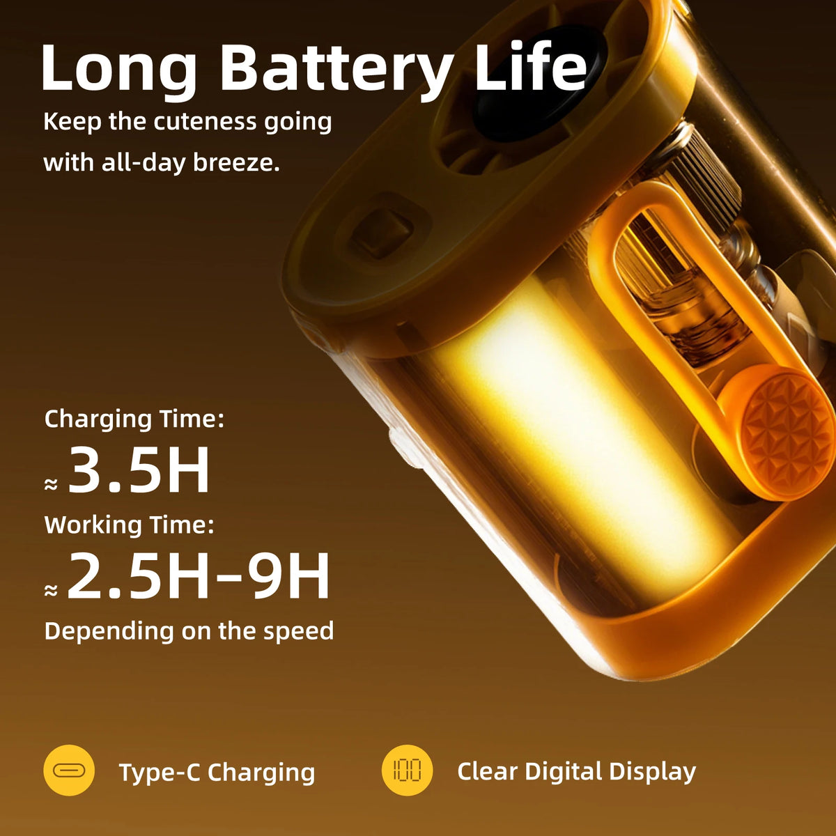 Flashlight with charging and working time details on a brown background